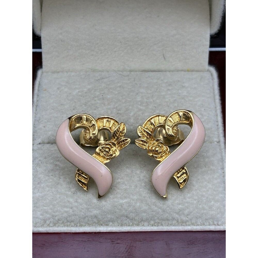 Vintage Avon Breast Cancer Awareness Ribbon With Rose Stud Earrings Gold Tone